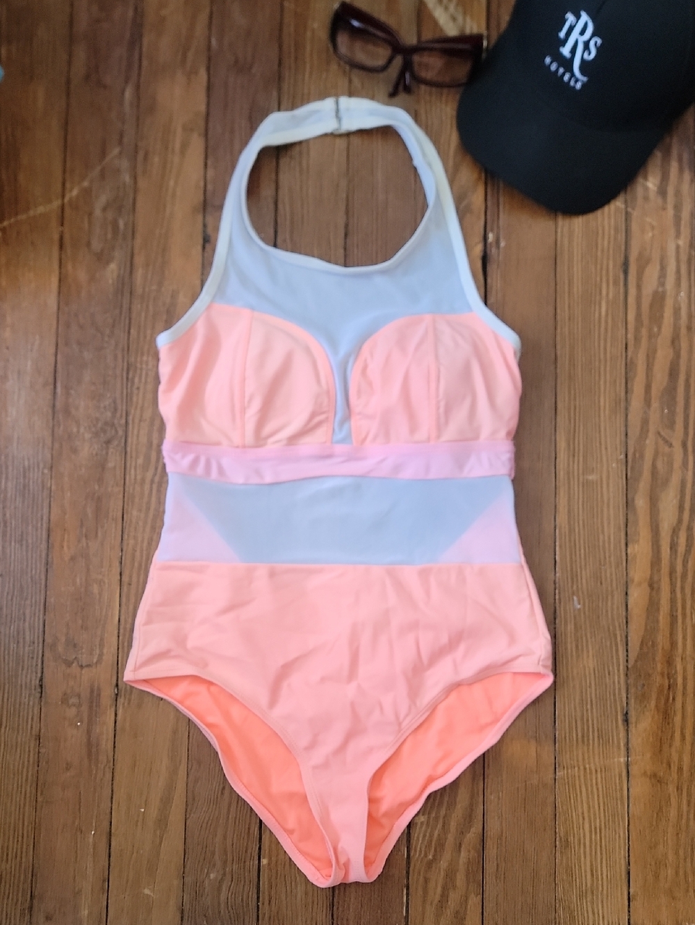 Peach & Light Blue Mesh Panel One-Piece Swimsuit